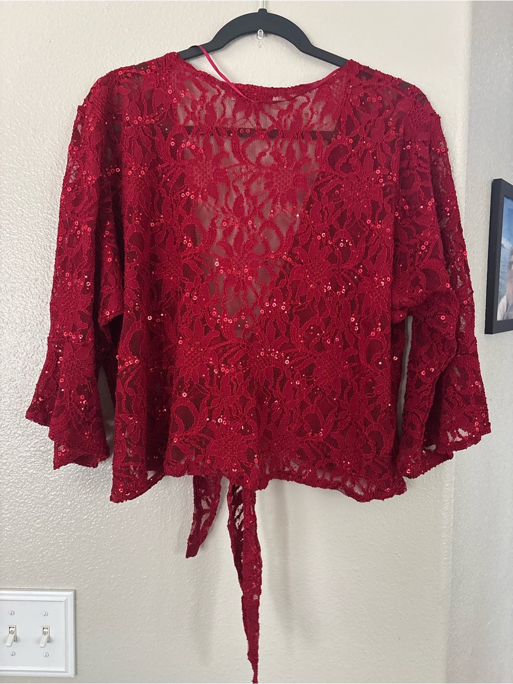 Nouvelle Collection Red Sequin Floral Lace Tie Front Crop Shrug Bolero Cardigan - Picture 3 of 6